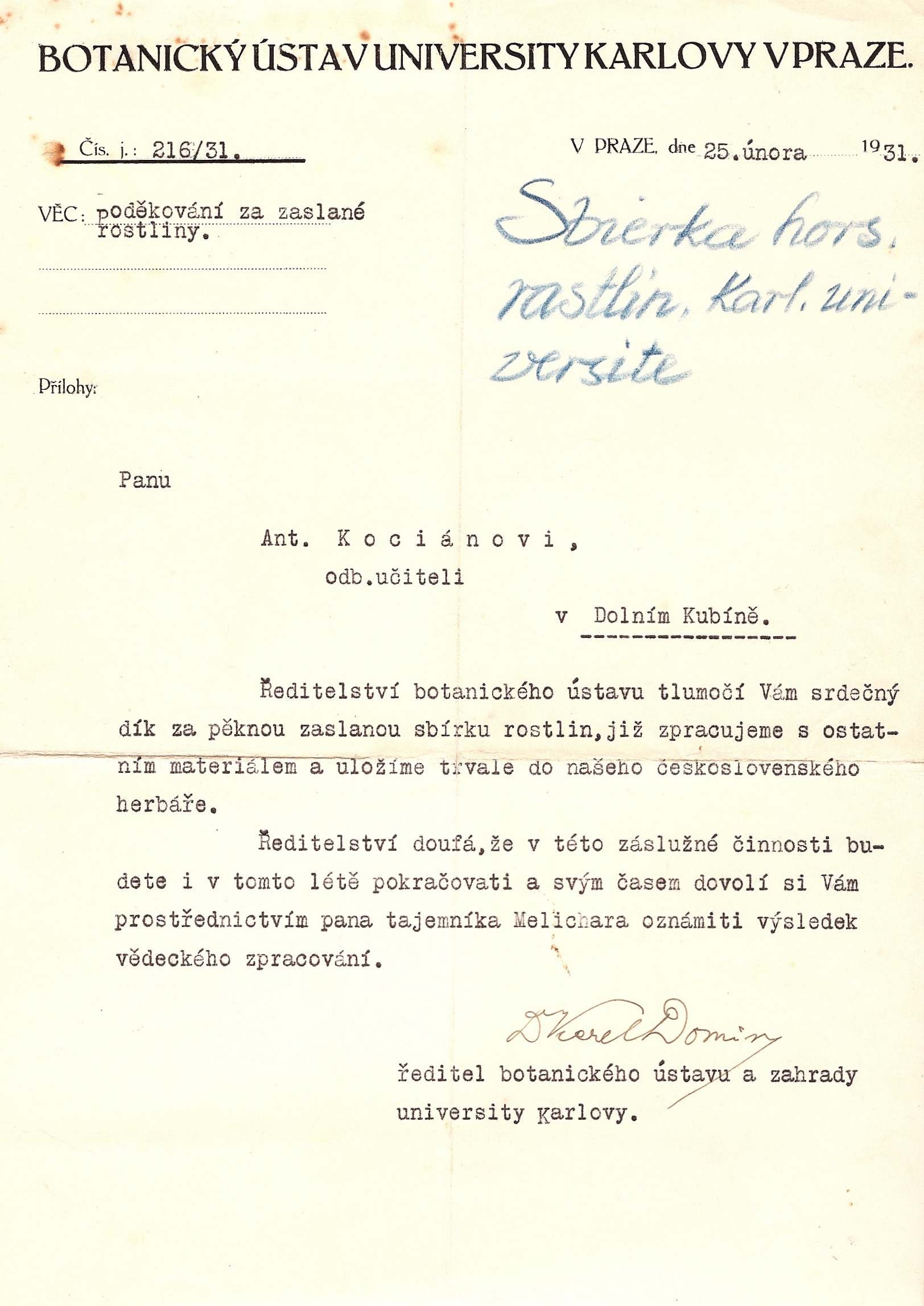 Dokumenty viažúce sa k A. Kocianovi (do archívu Botanikov v Botanickom ústave Centra biológie rastlín a biodiverzity Slovenskej akadémie vied v Bratislave darovala rodina A. Kociana).